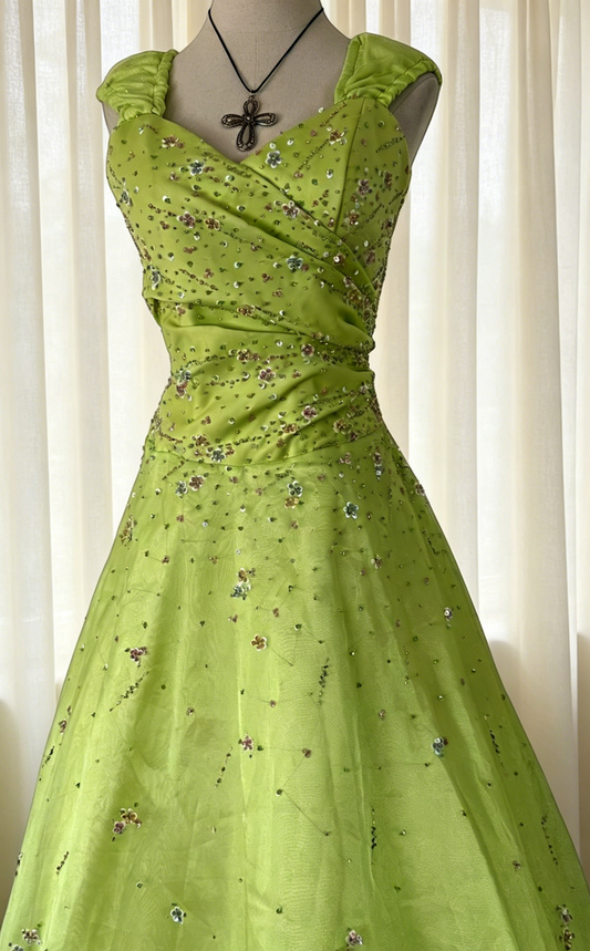 Green Prom Dress Straps A-Line Satin Beaded Long Evening Dress ED07671