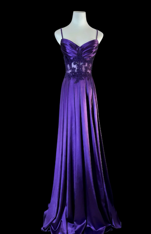 Chic Purple Prom Dress Spaghetti Straps Sheath Satin Long Evening Dress ED07675