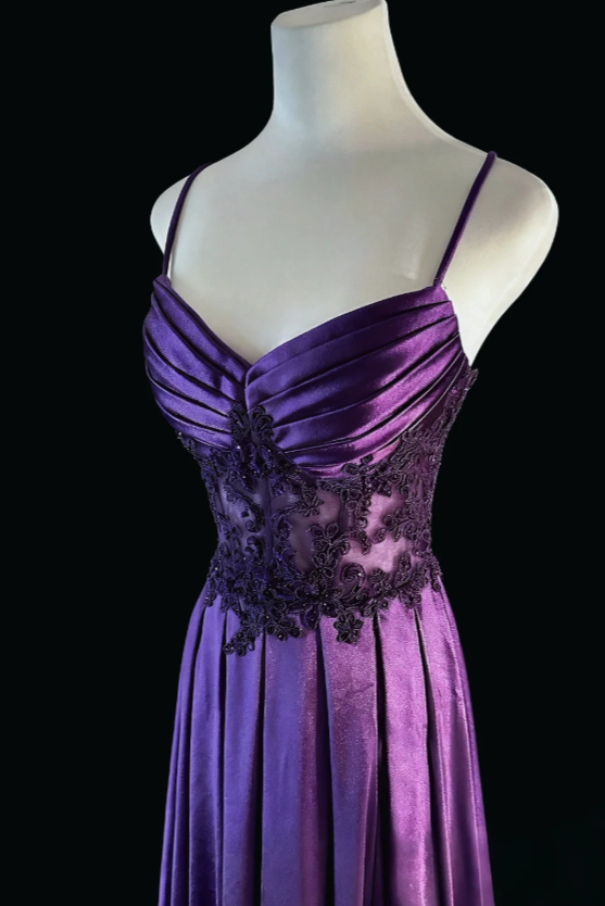 Robe de bal chic violette, bretelles spaghetti, fourreau, satin, longue robe de soirée ED07675