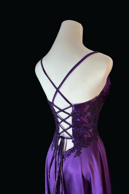 Robe de bal chic violette, bretelles spaghetti, fourreau, satin, longue robe de soirée ED07675