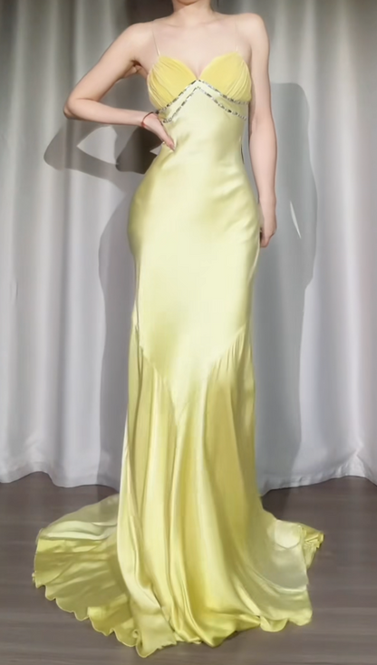 Robe de bal jaune chic, bretelles spaghetti, fourreau, en satin, longue robe de soirée ED07676