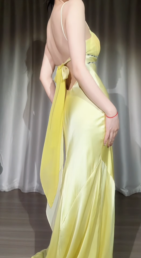 Robe de bal jaune chic, bretelles spaghetti, fourreau, en satin, longue robe de soirée ED07676