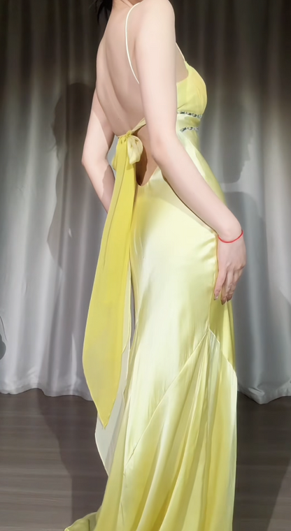 Robe de bal jaune chic, bretelles spaghetti, fourreau, en satin, longue robe de soirée ED07676