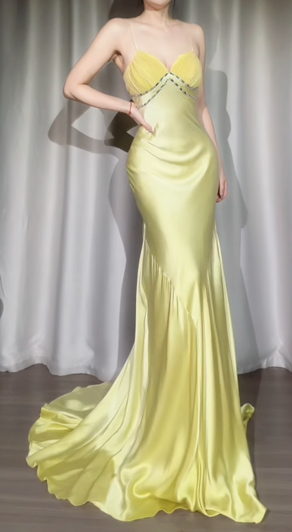 Robe de bal jaune chic, bretelles spaghetti, fourreau, en satin, longue robe de soirée ED07676