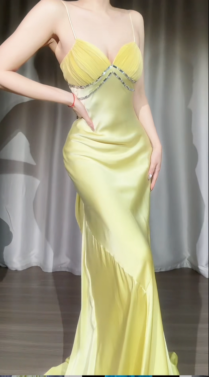 Robe de bal jaune chic, bretelles spaghetti, fourreau, en satin, longue robe de soirée ED07676