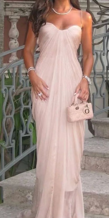 Robe de Bal Rose Chic Bretelles Spaghetti Fourreau Mousseline de Soie Longue Robe de Soirée ED07677