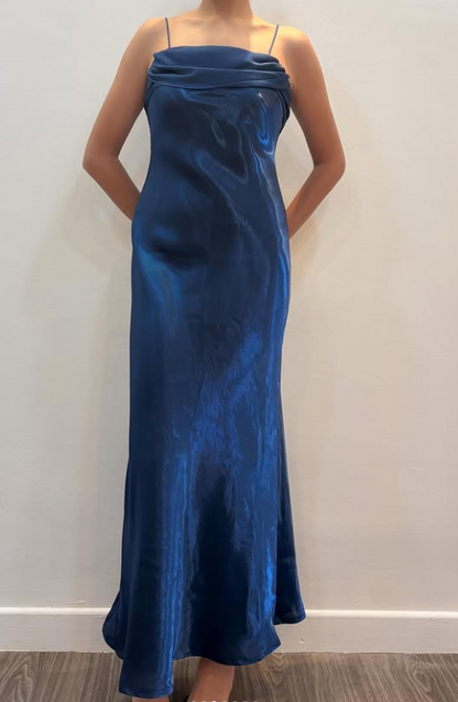 Chic Blue Prom Dress Spaghetti Straps Sheath Silk Long Evening Dress ED07683