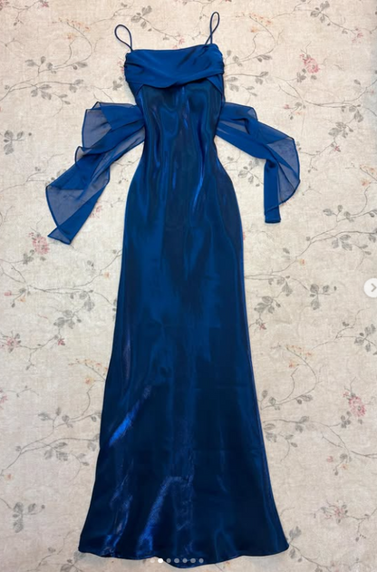 Chic Blue Prom Dress Spaghetti Straps Sheath Silk Long Evening Dress ED07683