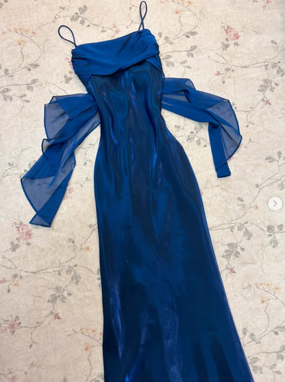 Chic Blue Prom Dress Spaghetti Straps Sheath Silk Long Evening Dress ED07683