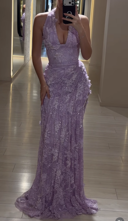 Robe de bal lavande chic fourreau décolleté en V appliques dentelle longue robe de soirée ED07684