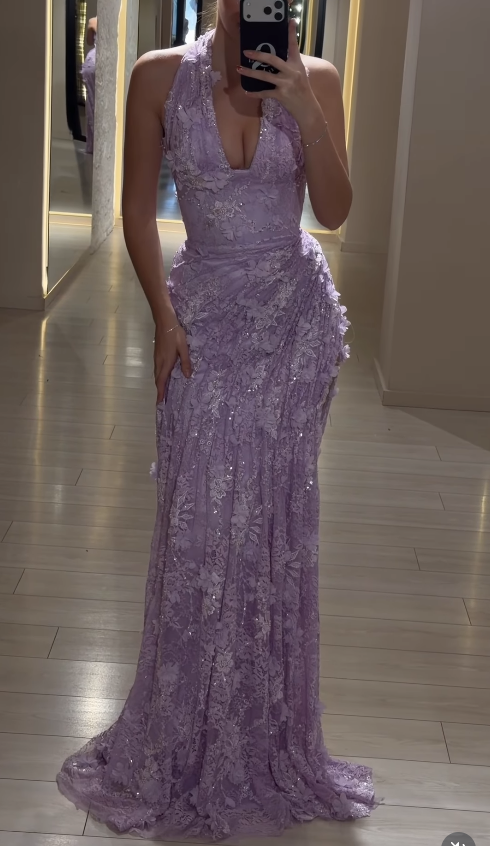 Chic Lavender Prom Dress V-neck Sheath Appliques Lace Long Evening Dress ED07684
