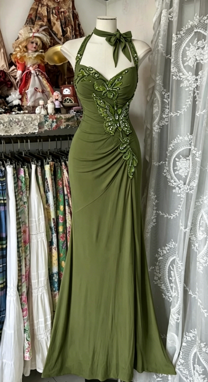 Robe de bal chic vert olive, dos nu, fourreau, mousseline, perles, robe de soirée longue ED07686