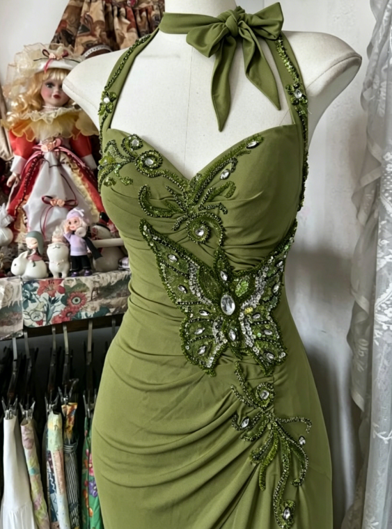 Robe de bal chic vert olive, dos nu, fourreau, mousseline, perles, robe de soirée longue ED07686