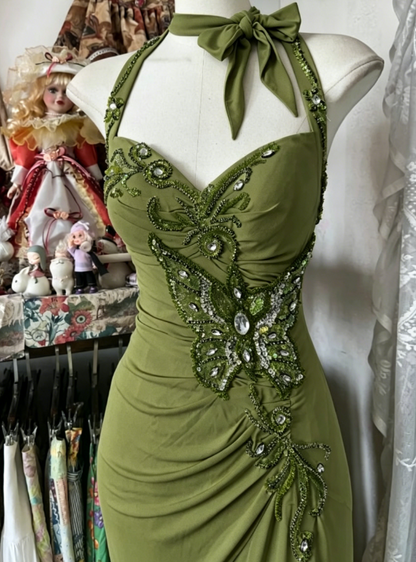 Robe de bal chic vert olive, dos nu, fourreau, mousseline, perles, robe de soirée longue ED07686
