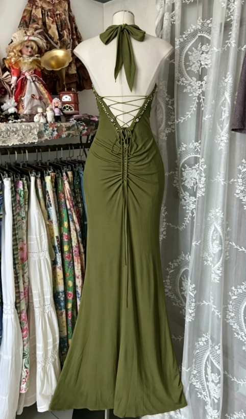 Robe de bal chic vert olive, dos nu, fourreau, mousseline, perles, robe de soirée longue ED07686