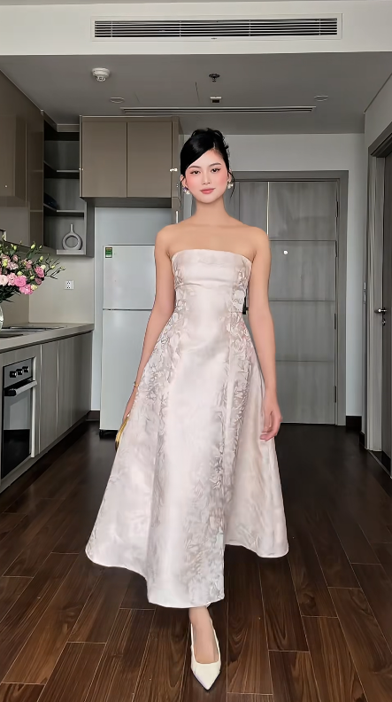 Élégante Robe de Soirée de Mariage Jaune Pastel Sans Bretelles Coupe Évasée en Satin ED07687