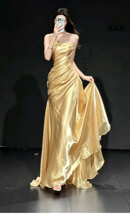 Elegant Gold Prom Dress Strapless Sheath Chiffon Long Evening Dress ED07688