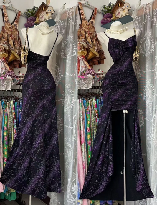 Elegant Purple Prom Dress Spaghetti Straps Sheath Chiffon Long Evening Dress ED07689