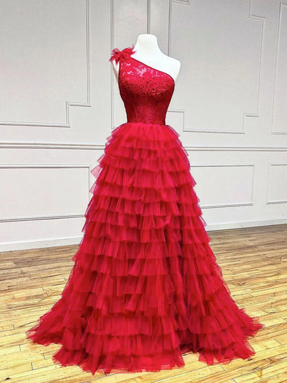A-Line One Shoulder Lace Tulle Burgundy Long Prom Dresses, Burgundy Formal Dresses ED0769
