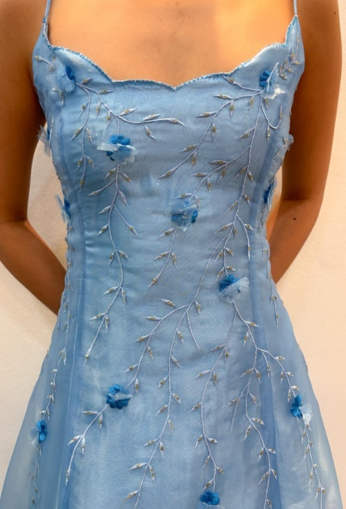Chic Blue Prom Dress Spaghetti Straps A-Line Tulle Beaded Long Evening Dress ED07692