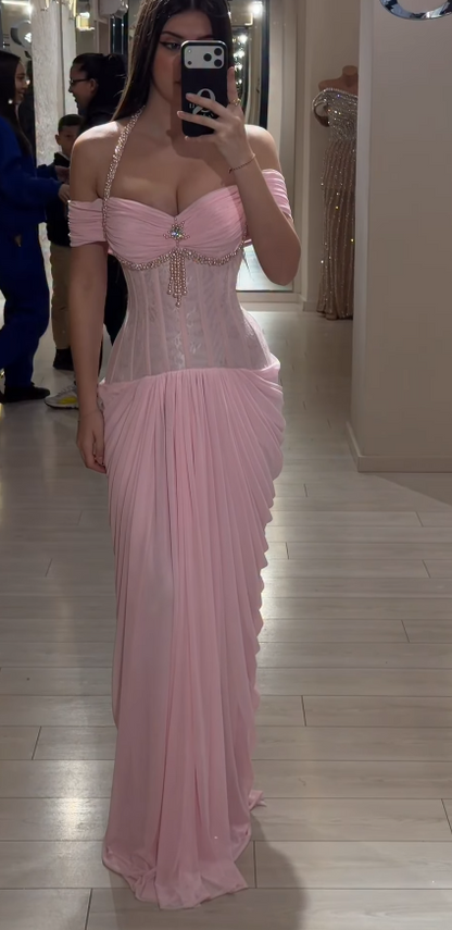 Robe de bal rose chic, fourreau, épaules dénudées, mousseline, perles, robe de soirée longue ED07693