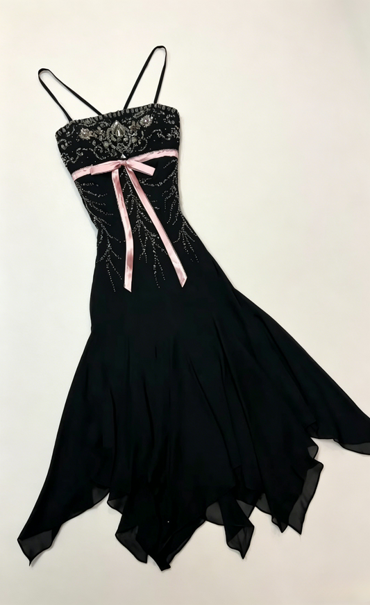 Fairy Black Prom Dress Spaghetti Straps Beaded Formal Dress Sheath Chiffon Long Evening Dress ED07694
