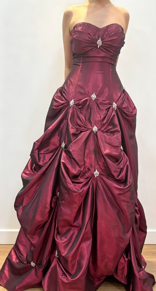 Chic A-Line Satin Long Evening Dress Burgundy Prom Dress Strapless Formal Dress  ED07695