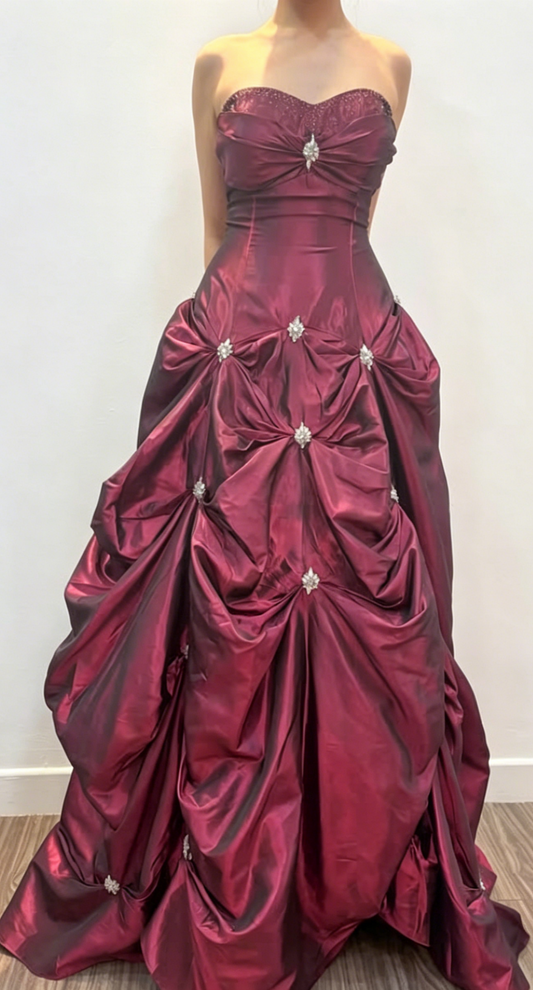 Chic A-Line Satin Long Evening Dress Burgundy Prom Dress Strapless Formal Dress  ED07695