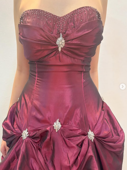 Élégante Robe de Soirée Longue Satinée A-line, Robe de Bal Bourgogne, Robe de Cérémonie Sans Bretelles ED07695