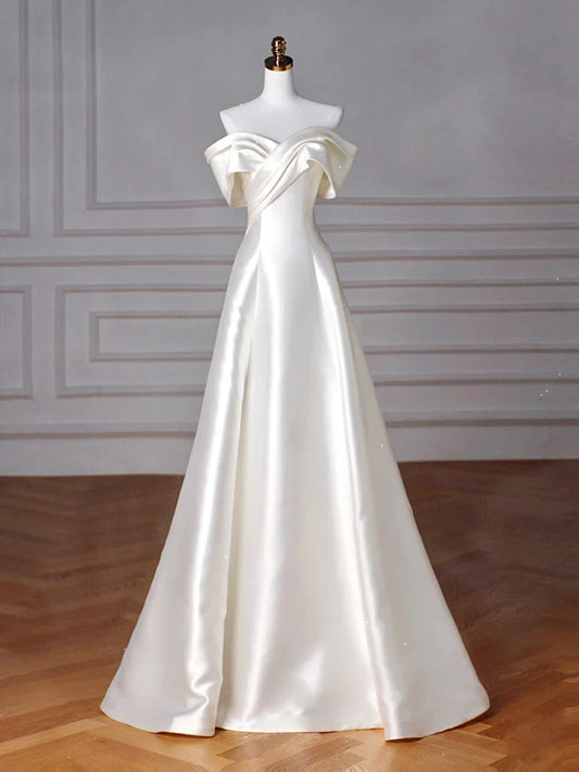 A-Line Off Shoulder Satin ivory Long Prom Dress, Satin Long Formal Dress   ED077