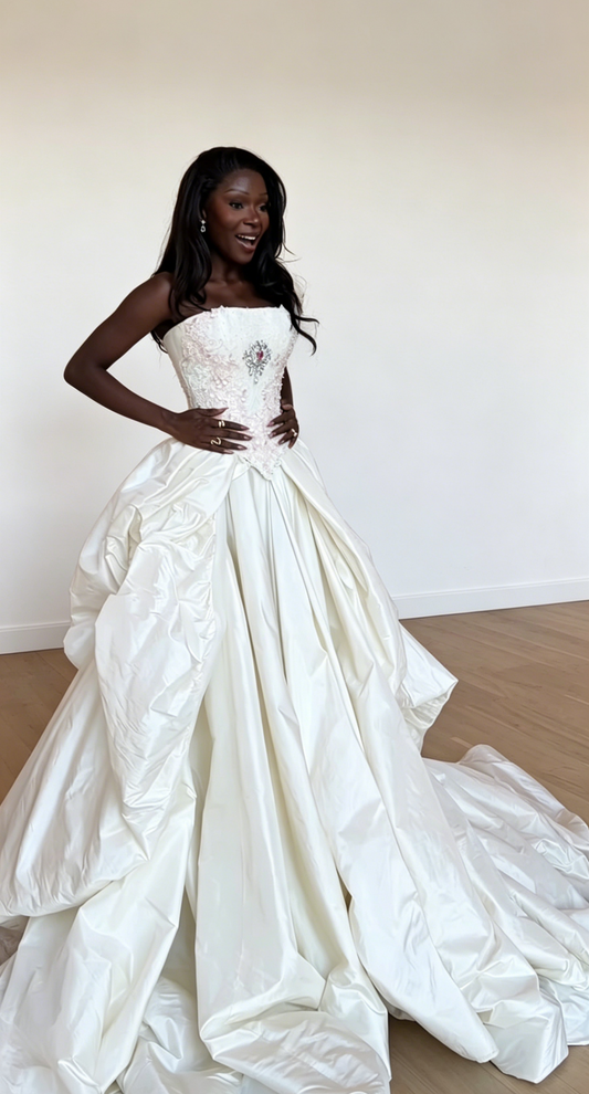Timeless A-Line Bridal Dress White Wedding Dress Strapless Satin Birdal Gowns  ED07703