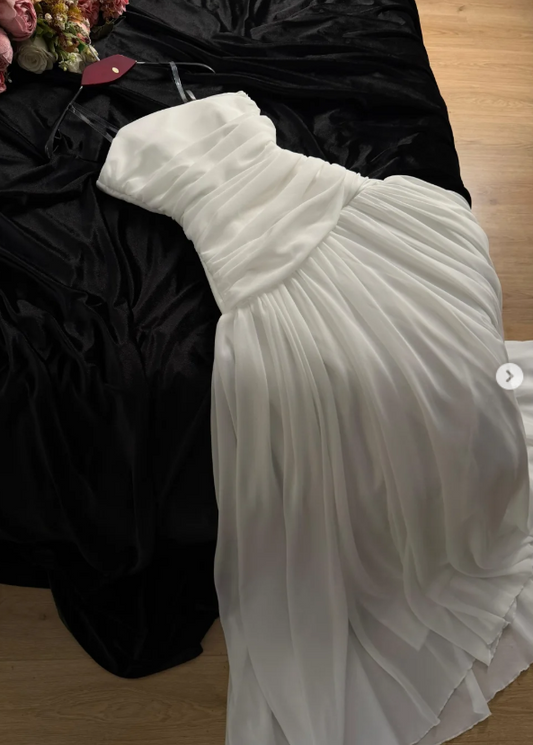 Simple White Evening Dress Sheath Strapless Wedding Guest Outfit Chiffon Vacation Dress  ED07706