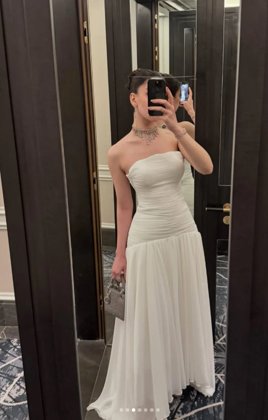 Simple White Evening Dress Sheath Strapless Wedding Guest Outfit Chiffon Vacation Dress  ED07706