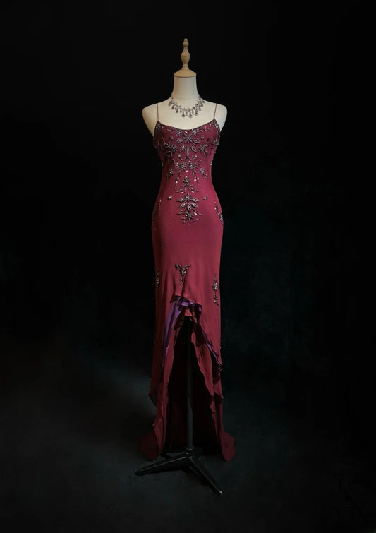 Vintage Etuikleid mit Spaghettiträgern, langes Abendkleid aus Chiffon, besticktes Ballkleid in Bordeauxrot ED07707
