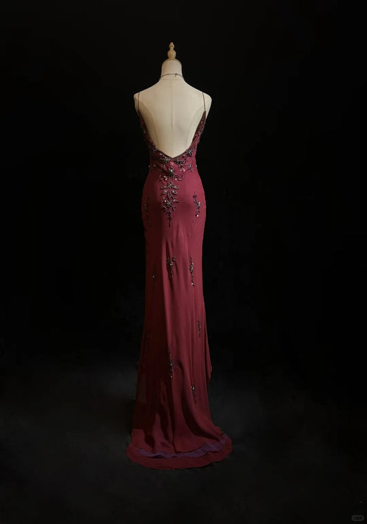 Vintage Etuikleid mit Spaghettiträgern, langes Abendkleid aus Chiffon, besticktes Ballkleid in Bordeauxrot ED07707