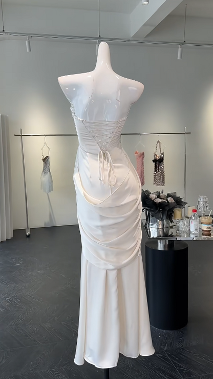Simple Sheath Strapless Long Evening Dress Chiffon White Wedding Guest Outfit  ED07708
