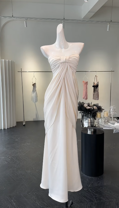 Simple Sheath Strapless Long Evening Dress Chiffon White Wedding Guest Outfit  ED07708