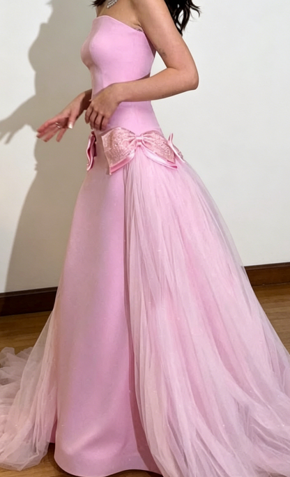 Elegantes Etui-Tüll-Abendkleid Trägerloses pinkes Ballkleid ED07709