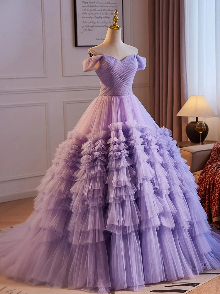 Robe de bal longue violette en tulle à épaules dénudées, coupe trapèze, robe de soirée longue violette ED0771