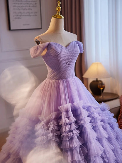 Robe de bal longue violette en tulle à épaules dénudées, coupe trapèze, robe de soirée longue violette ED0771