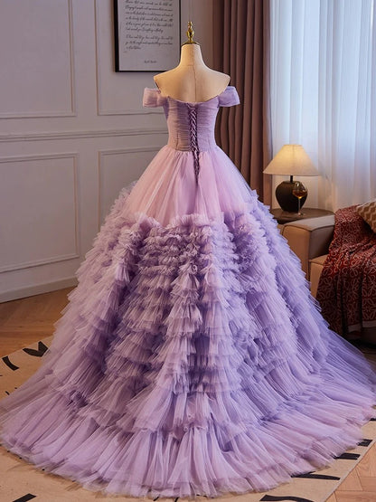 Robe de bal longue violette en tulle à épaules dénudées, coupe trapèze, robe de soirée longue violette ED0771