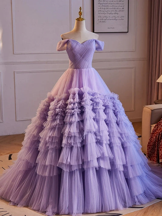 A-Line Off Shoulder Tulle Purple Long Prom Dress, Purple Long Evening Dress ED0771