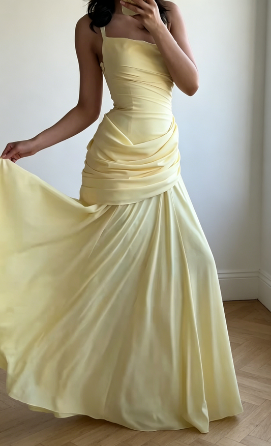 Chic Sheath Chiffon Long Evening Dress Spaghetti Straps Yellow Prom Dress ED07710