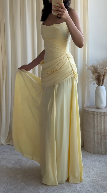 Robe de soirée longue fourreau chic en mousseline de soie à bretelles spaghetti, Robe de bal jaune ED07710