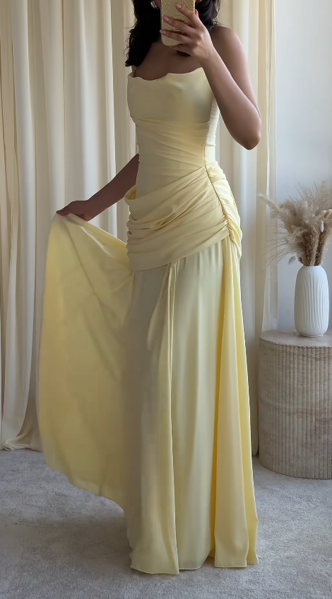 Chic Sheath Chiffon Long Evening Dress Spaghetti Straps Yellow Prom Dress ED07710