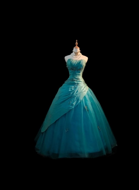 Simple A-Line Strapless Long Evening Dress Tulle Blue Prom Dress  ED07711