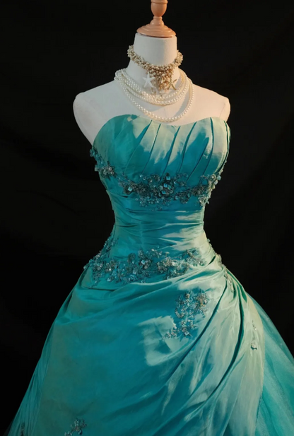 Simple A-Line Strapless Long Evening Dress Tulle Blue Prom Dress  ED07711