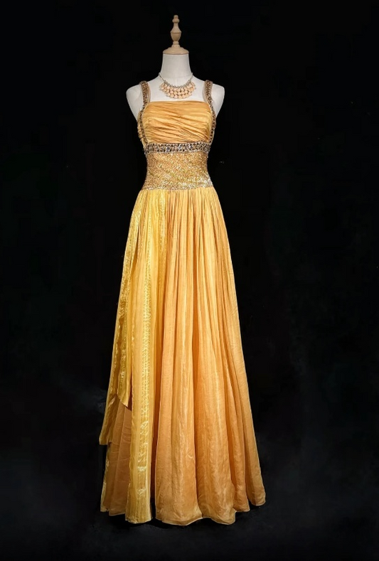 Schlichtes Etuikleid mit Spaghettiträgern, langes Abendkleid aus Chiffon, perlenbesetztes Ballkleid Gold ED07712