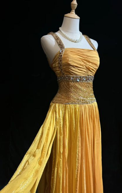 Robe longue fourreau simple à fines bretelles en mousseline perlée, robe de soirée dorée pour bal de promo ED07712