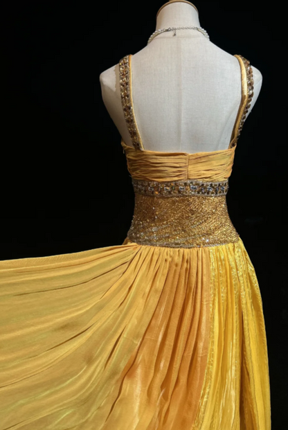 Robe longue fourreau simple à fines bretelles en mousseline perlée, robe de soirée dorée pour bal de promo ED07712